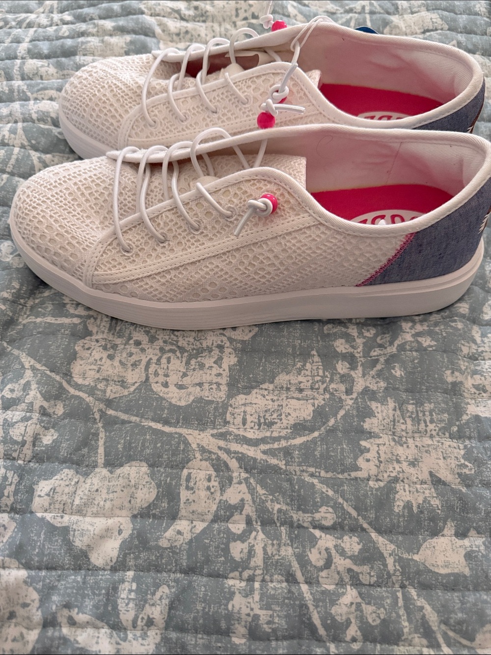 Hey Dude White Knit Sneakers with Pink Insole and Accent - Picture 3 of 5